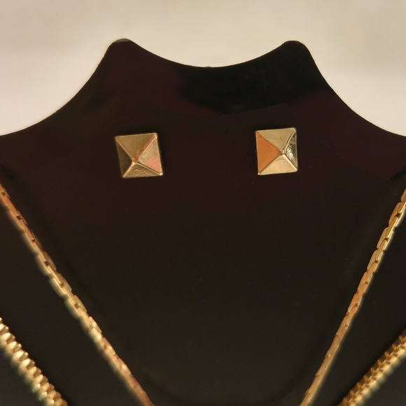 Necklace earring set gold bar 2-row drop pyramid - Picture 2 of 4
